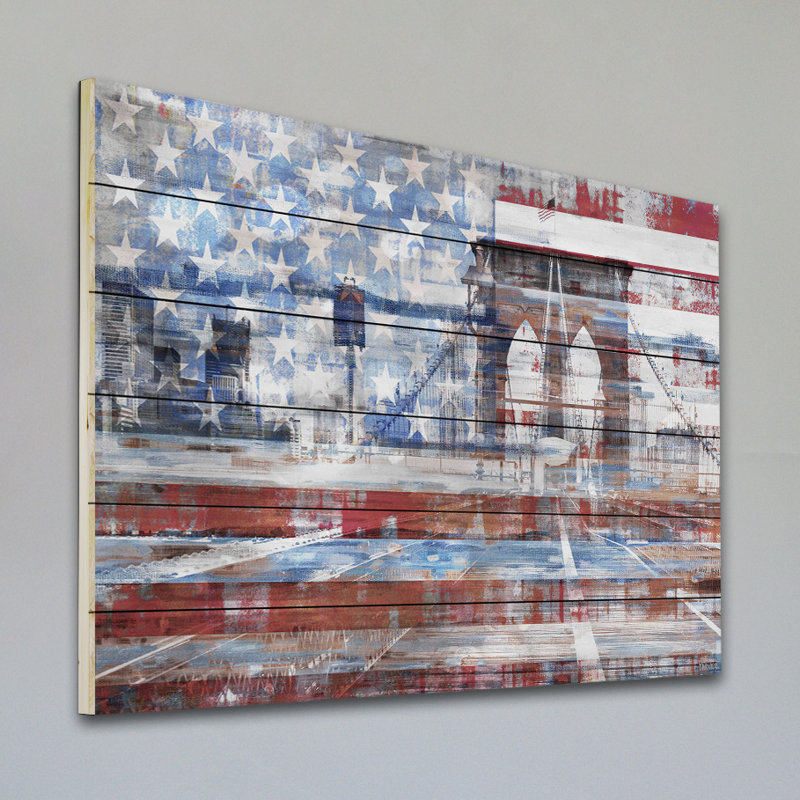 Reproduction d’art sur bois « patriotic overlay » par parvez taj, H 30 po x l 45 po x P 1,5 po
