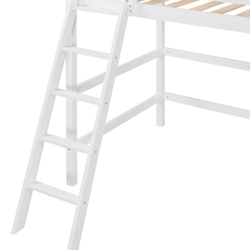 Lit mezzanine simple en bois massif avec - blanc. Fabrication robuste et stable. Pas de sommier ni de sommier. 14 lattes pour un soutien supplémentaire. Barrières de sécurité. 79,5 po X 41,8 po 67,5 po. Assemblage requis.