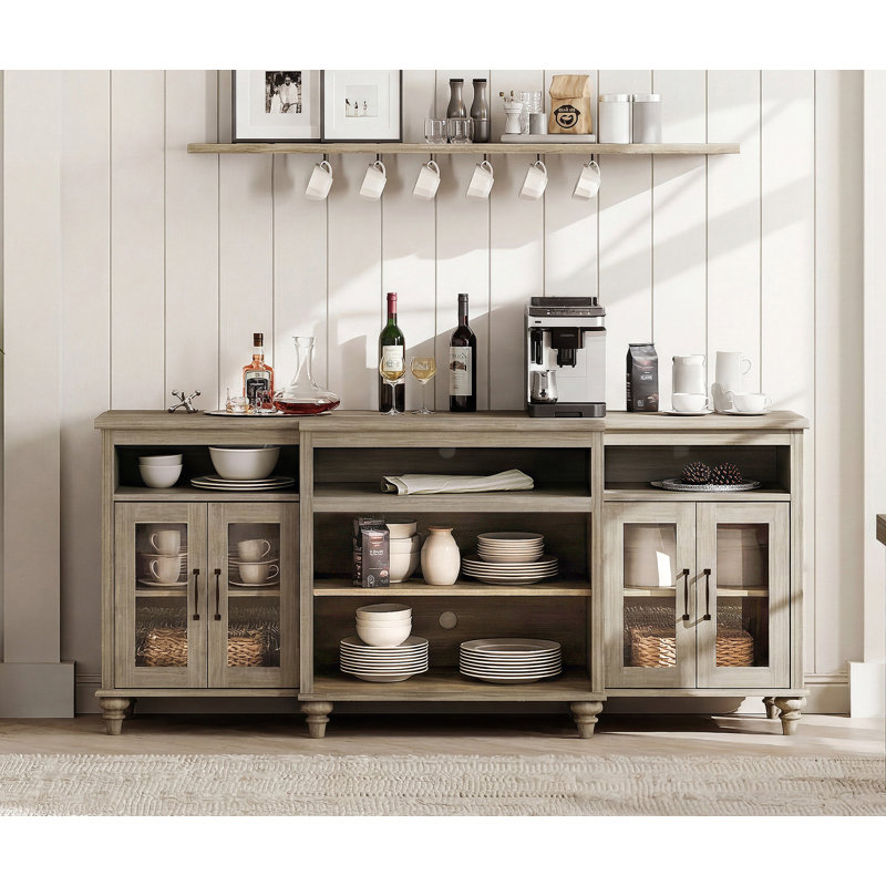 Buffet avec 4 portes en verre, grandes tables basses et armoires de cuisine en bois avec 9 rangements, crédence de style campagne moderne, gris délavé, 70 pouces