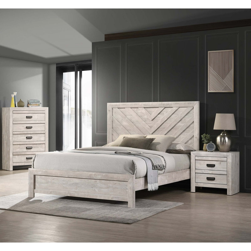 Queen Size Wooden Bed, Geometric Chevron Headboard Design, Grand lit