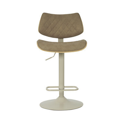 Wesson Adjustable Swivel Vintage Taupe Curved Back Wood Bar Stool With Faux Leather Seat
