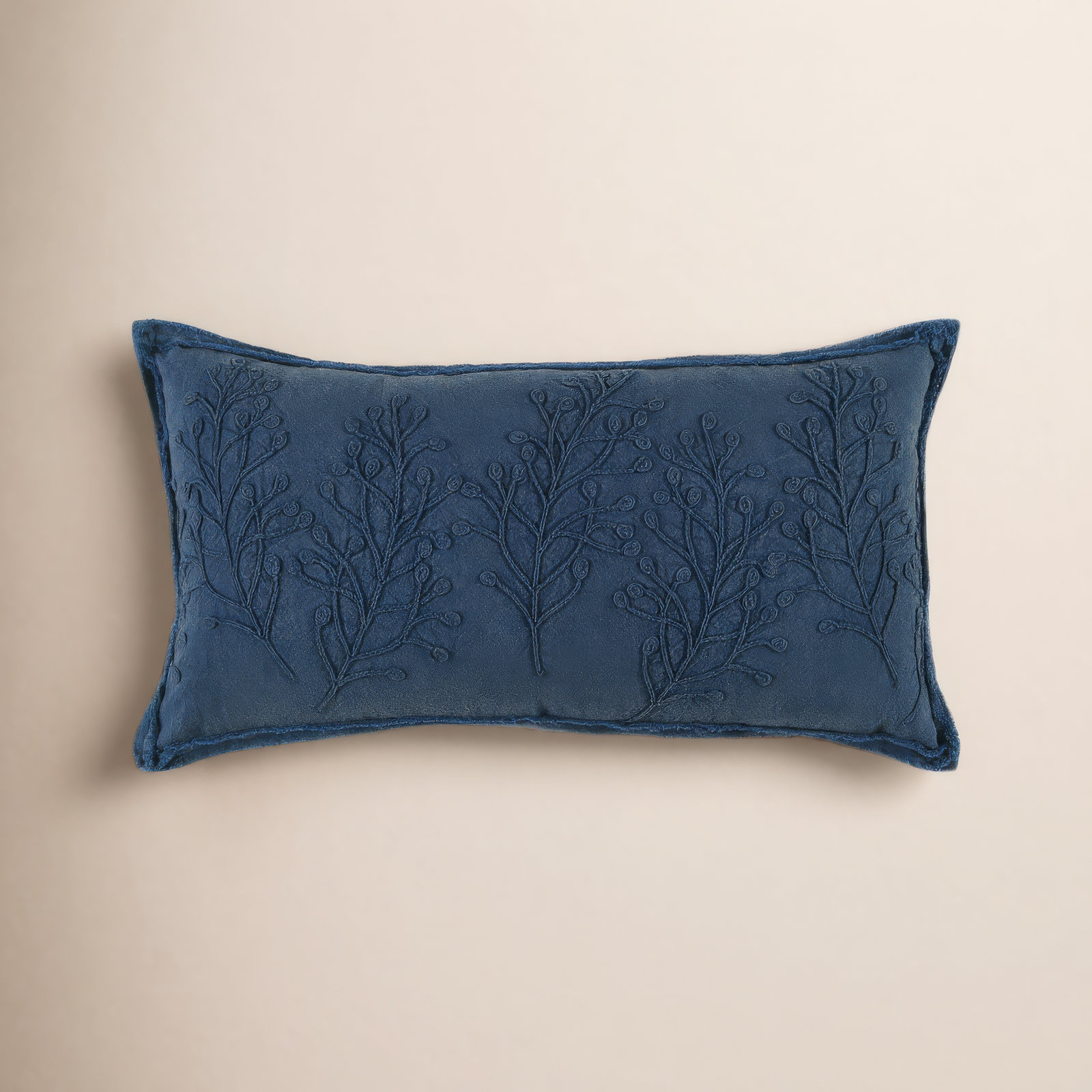 Hollin Embroidered Cotton Lumbar Throw Pillow, Navy