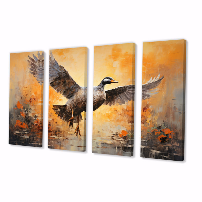 «Vintage Duck Flight At The Pond III - Duck», art mural 4 pièces, H 28 po x l 48 po