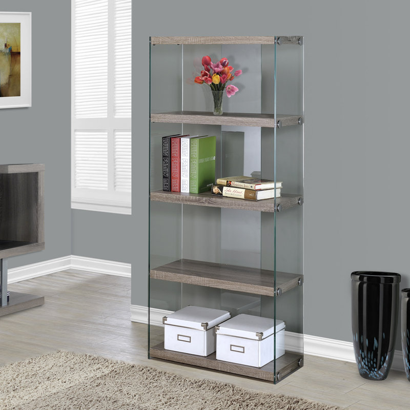 Bookshelf, Bookcase, Etagere, 5 Tier, 60"H, Office, Bedroom, Tempered Glass Clear Sides, Dark Taupe