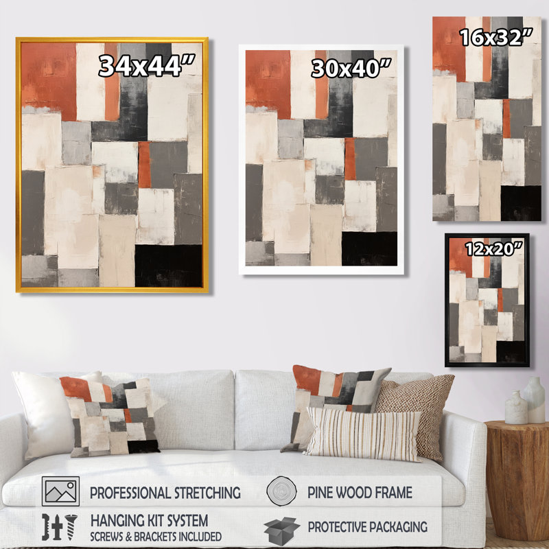 «Earthy Abstraction Cubist Modernism Beige Brown - Abstract Wall Art Living Room», Toile avec cadre flottant or