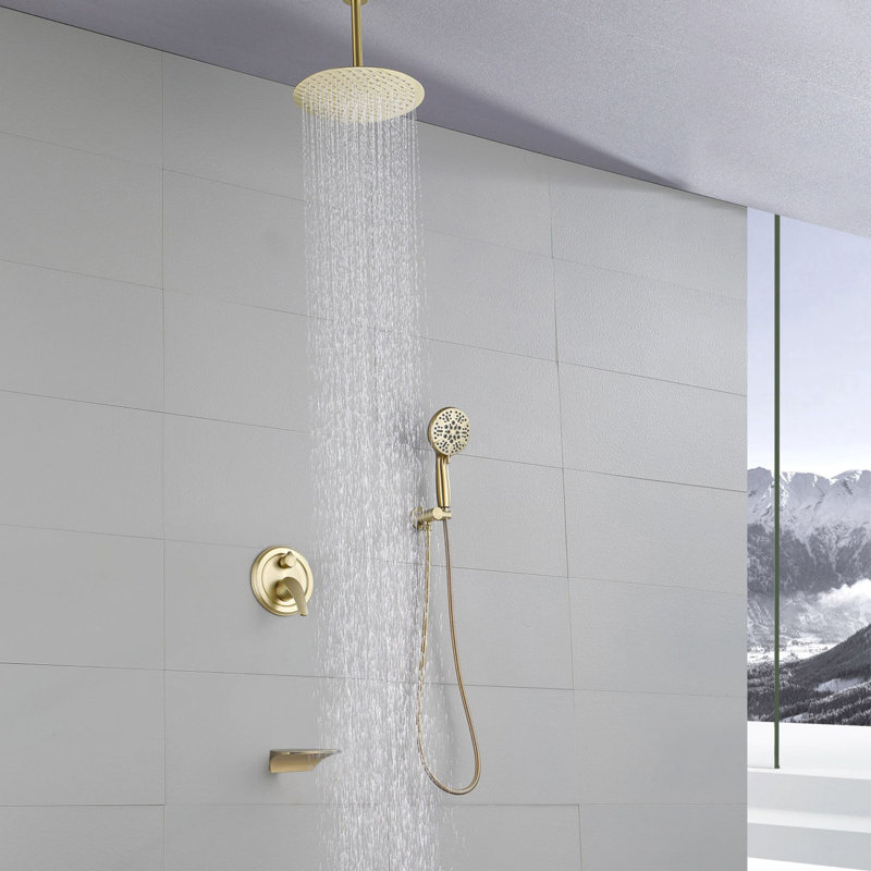 Système de douche de baignoire au plafond avec douche à main Ensemble de robinet de douche à poignée simple de 12 pouces avec garniture de douche à haute pression en laiton avec valve brute