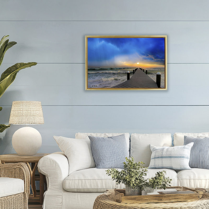 Sun Breaking Over Sea Pier Floating Frame, design by Eszra Tanner, 21 x 31, Metallic Gold Floater Framed