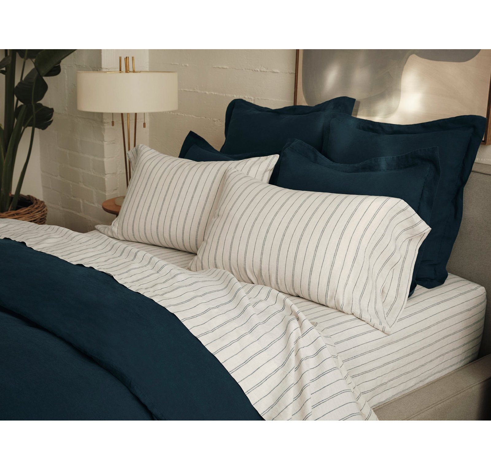 Organic Relaxed Belgian Flax Linen Standard Pillowcase - Set of 2, King Pillowcase, Fog Chambray Indigo Stripe