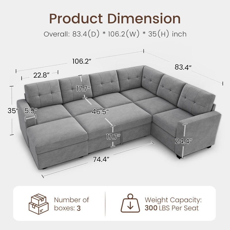 Abramson U-Shaped Corduroy Sectional Pull-Out Sofa Bed with Storage Ottoman, Light Gray Polyester