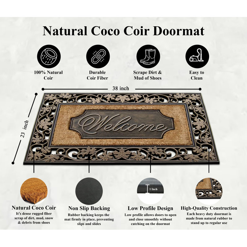 Onalaska Natural Coir & Rubber Non-Slip Heavy-Duty 'Welcome' Doormat – 23" x 38" Indoor/Outdoor Entry Mat with Floral Border
