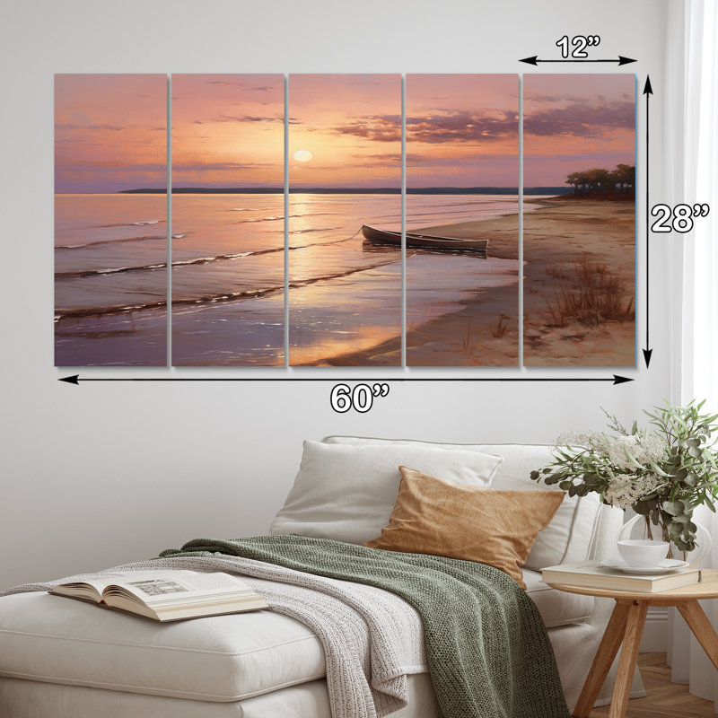 «Ocean Serenity Gentle Pink Beach Sunrise» - décoration murale plage - 5 panneaux égaux