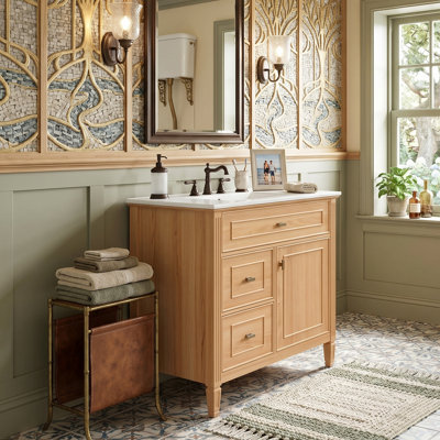 Meuble-lavabo moderne de 30 po avec lavabo en céramique, armoire en bois massif et panneau de fibres à densité moyenne avec tiroir rabattable et porte (naturel)