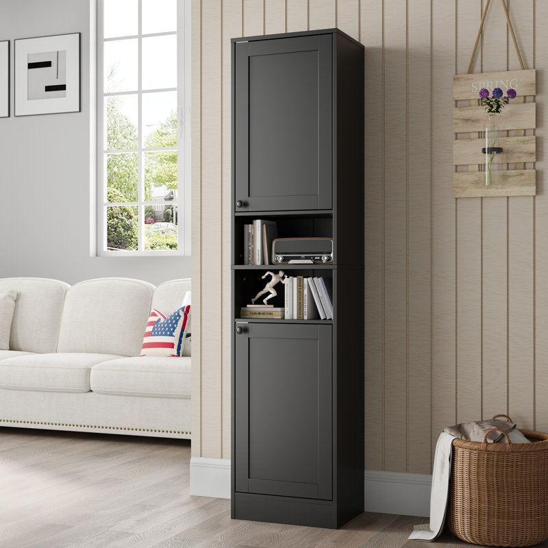 Armoire de salle de bain 67 po avec 2 portes, armoire de plancher autoportante étroite, unité de rangement mince avec tablettes réglables pour la salle de bain, le salon, le vestibule, la cuisine, noir