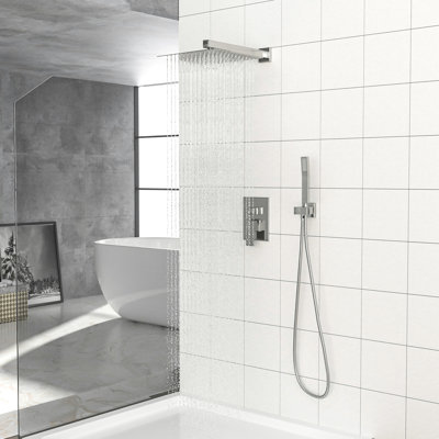 Pommeau de douche double en nickel brossé - Système carré de 25 cm avec effet pluie et douchette à main, installation facile grâce à la valve équilibrée, pour un bain relaxant.