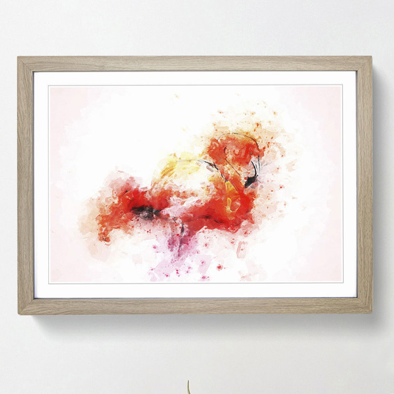 Lone Pink Flamingo in Abstract - Picture Frame Painting Print, 27cm H x 36cm W x 2cm D, Oak Framed
