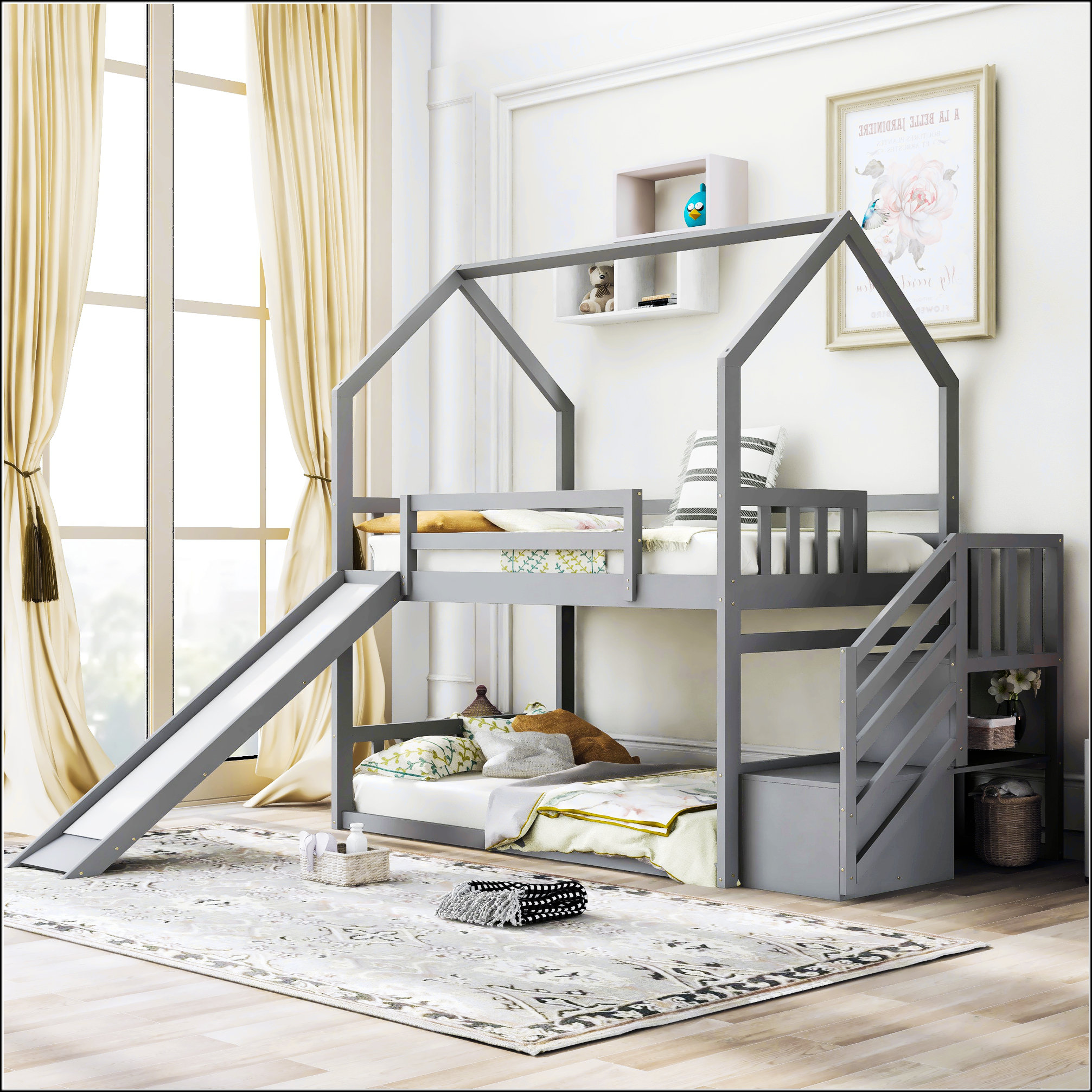 Harper Orchard Twin Over Twin House Bunk Bed With Convertible Slide ...