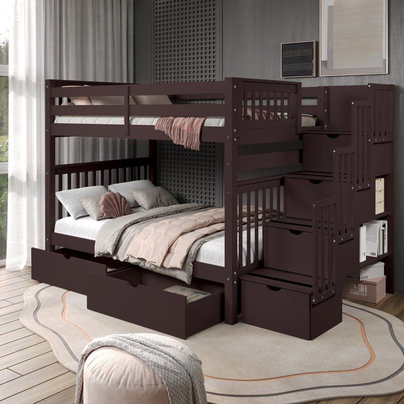 Tena Solid Wood Standard Stairway Bunk Beds Full over Full, 4 Drawers in the Steps, 2 Under-Bed Drawers, Dark Cherry