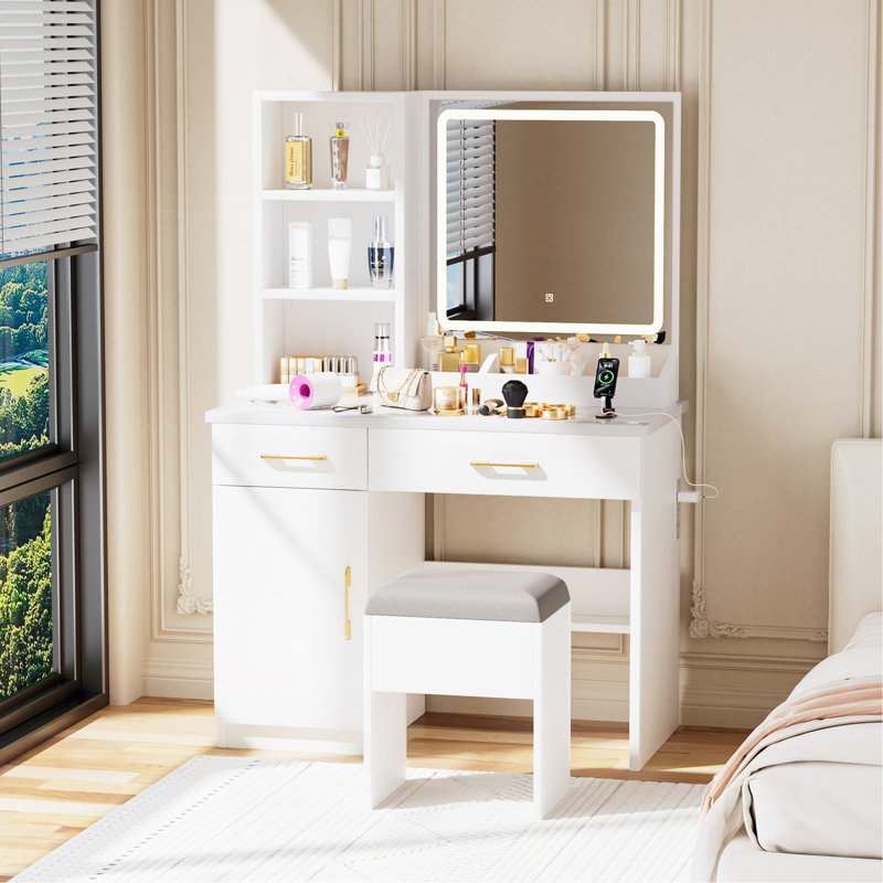 Bureau de maquillage avec miroir et lumières, coiffeuse blanche avec prise de courant et 3 modes d'éclairage, ensemble de coiffeuse avec tiroirs d'armoire et tabouret de rangement pour la chambre
