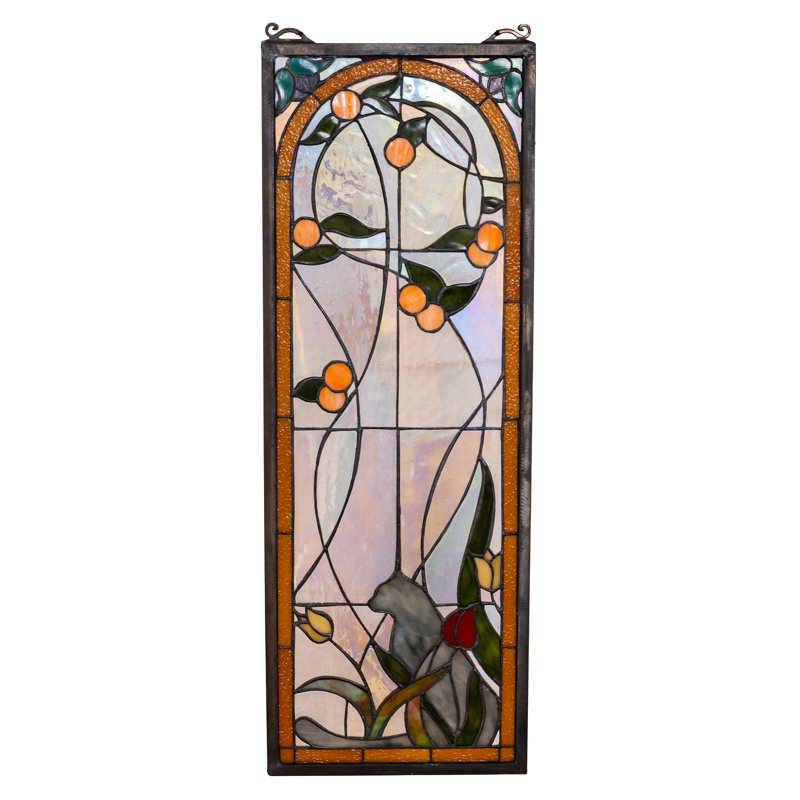 Tiffany Cat and Tulips Stained Glass Window