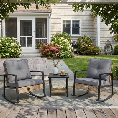 3-Piece Outdoor Rocking Chair Set Rattan Patio Conversation Sets With Table And Cushions