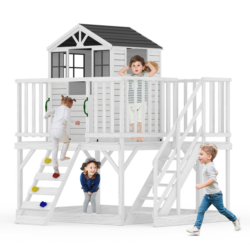 Maisonnette d'extérieur pour enfants avec mur d'escalade, maisonnette en bois à 2 étages avec bac à sable, maisonnette en cèdre pour enfants avec escabeau