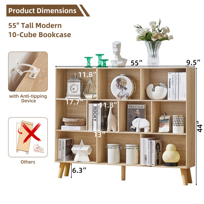 10 Cube Bookshelf,3 Tier Modern Wide Bookcase With Legs,Mid-Century Wood Bookshelves Storage，Retro Large Book Case,Freestanding Organizer Display Shelf For Bedroom,Living Room,Office