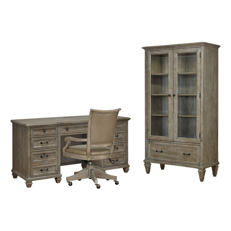 Credenza With Chair And Door Bookcase, 3 Pieces: Desk, Chair, Bookcase, Dovetail Gray