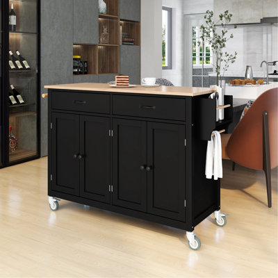 Kitchen Island Cart With Solid Wood Top And Locking Wheels,4 Door Cabinet And Two Drawers,Spice Rack, Towel Rack