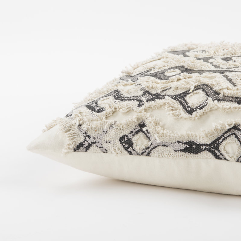Ivory and Silver Geometric Cotton Throw Pillow with Frayed Edges