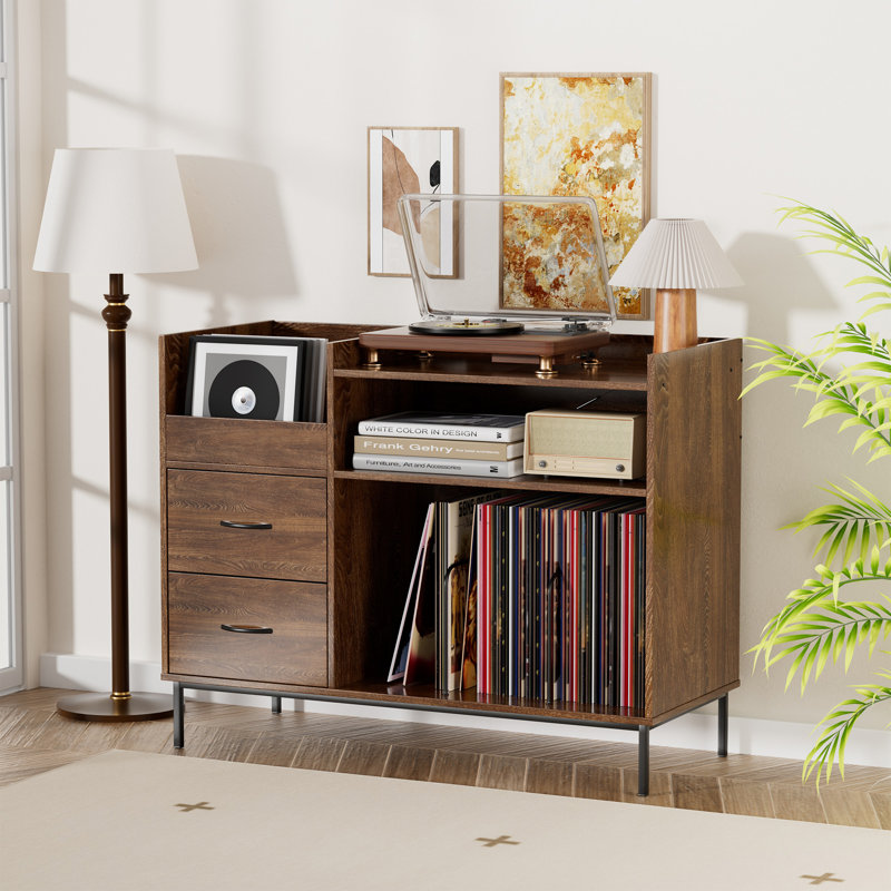 Support pour tourne-disque compact, armoire de rangement en vinyle avec 2 tiroirs et tablettes ouvertes