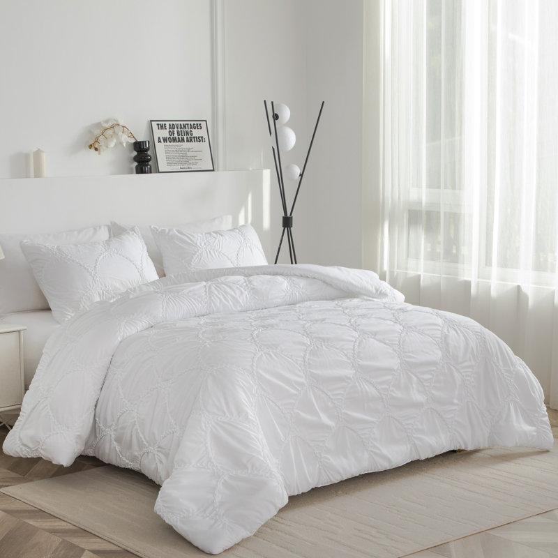 Scallop Embroidered Microfiber Comforter Set, Elastic Quilting, Oversized & Soft, White, King 3pcs Set, White
