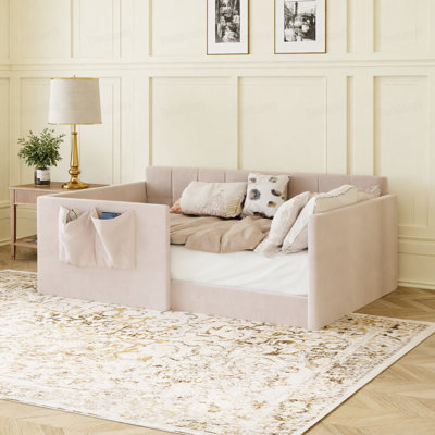 Twin Size Daybed Velvet Upholstered Sofa Bed with High Side Panels and Side Entrance, Space-Saving Guest Bed with Storage Pockets