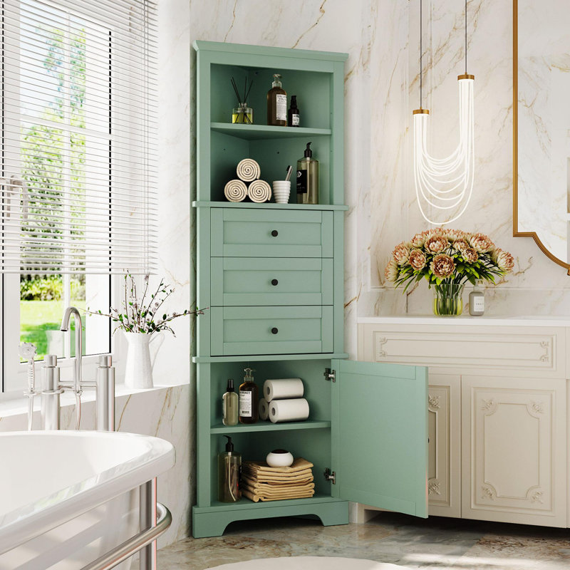 Green Triangle Tall Cabinet with 3 Drawers and Adjustable Shelves for Bathroom, Kitchen or Living Room, MDF Board with Painted Finish(Old Sku:WF306469AAG)