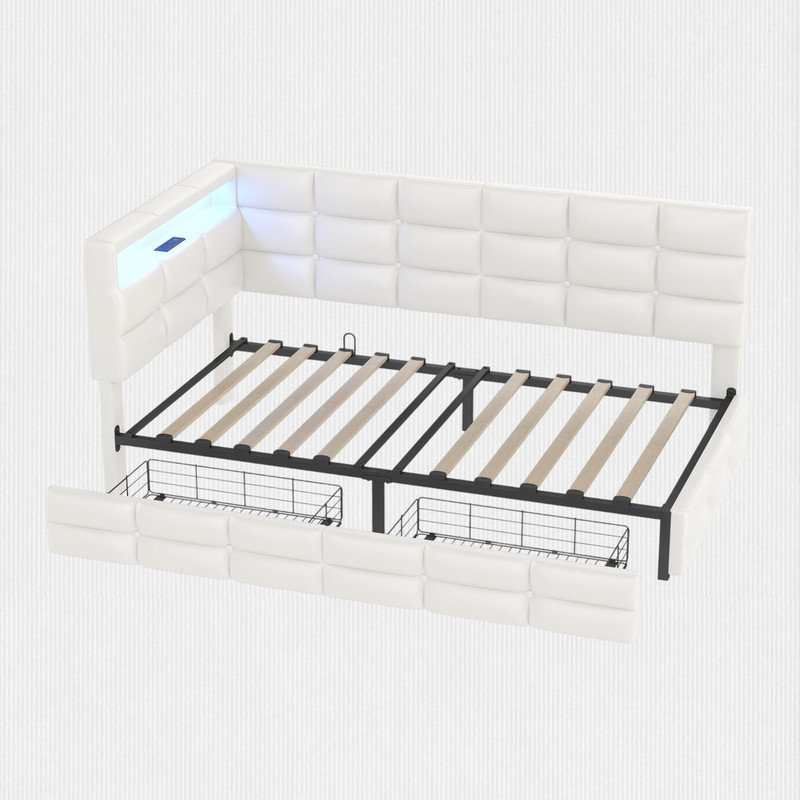 Upholstered Twin Daybed with Drawers, Beige
