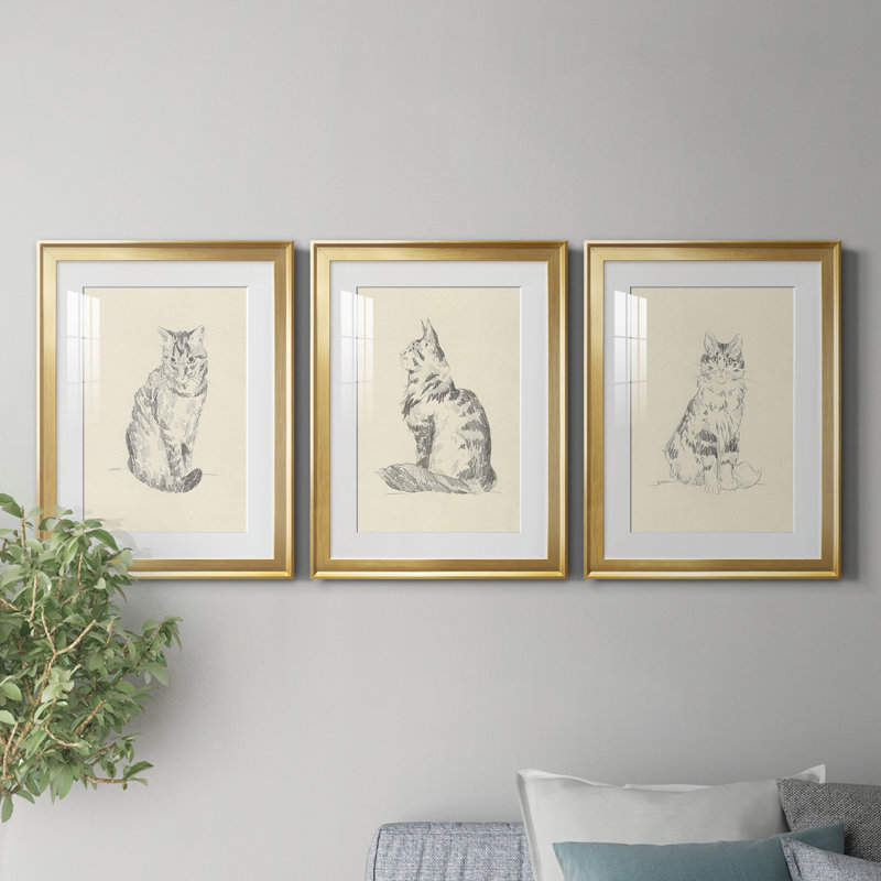 House Cat I - ensemble de 3 reproductions de dessins encadrés, Cadre doré, H 36,5 po x l 79,5 po x P 1 po