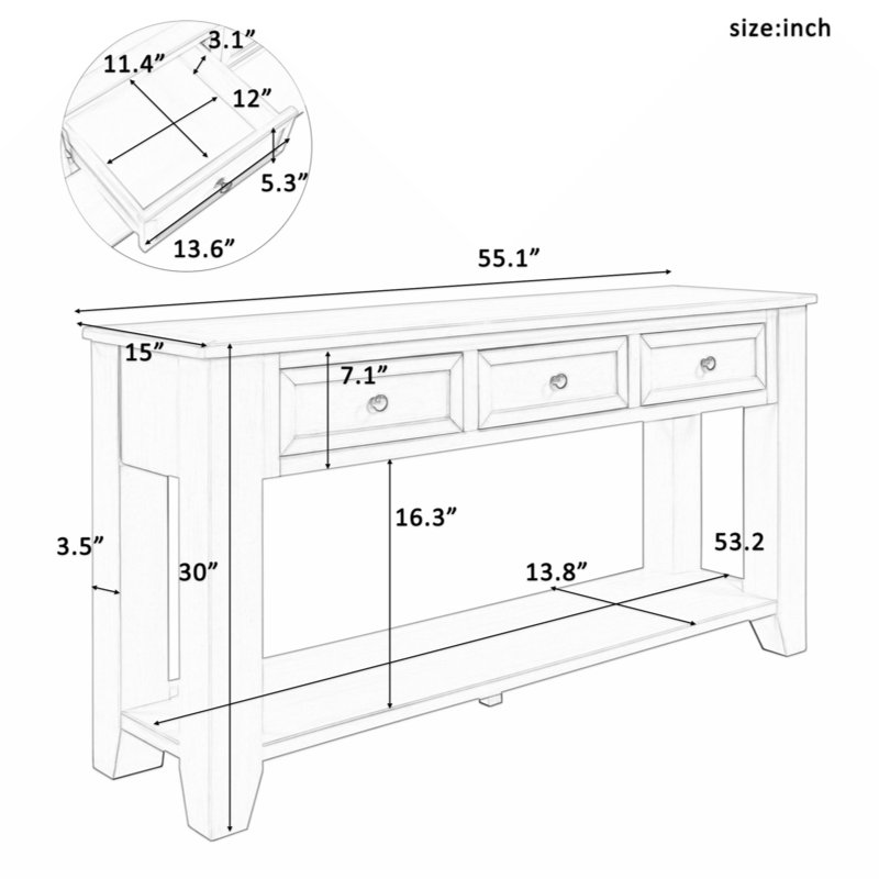 Shauney 55'' Console Table 55'' Modern Console Table Sofa Table with 3 Drawers and 1 Shelf, Navy