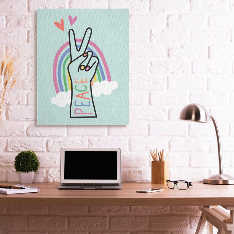 «Peace Love Rainbow Playful Turquoise Hand Sign» par Nina Seven - impression d'art graphique, 48" H x 36" W x 1.5" D