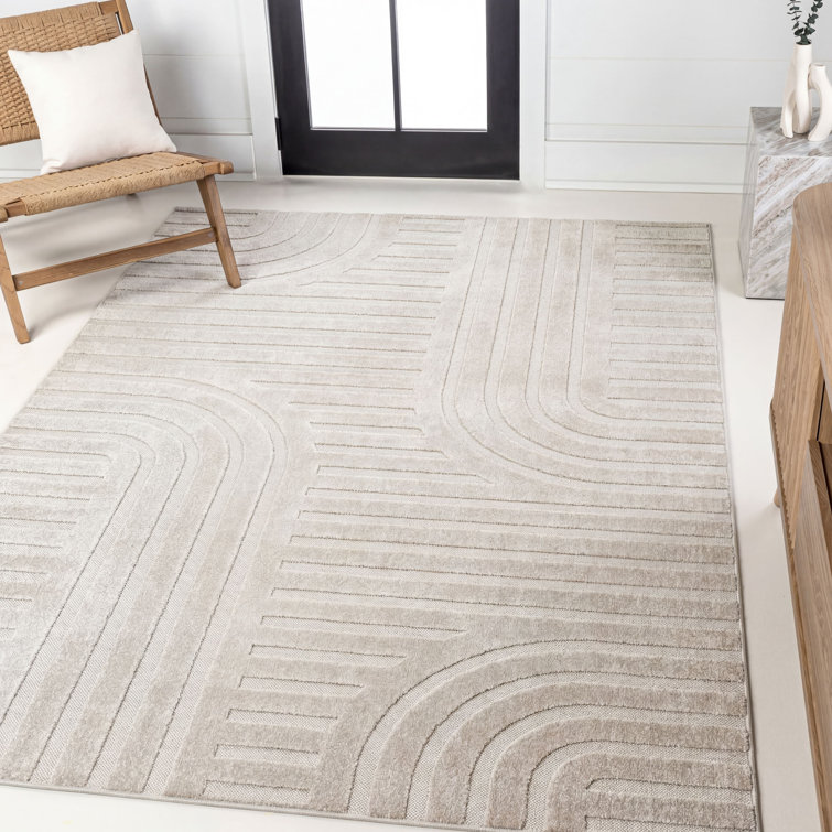 Alandis High-Low MidCentury Modern Arch Stripe Two-Tone White/Cream Indoor/Outdoor Rug
