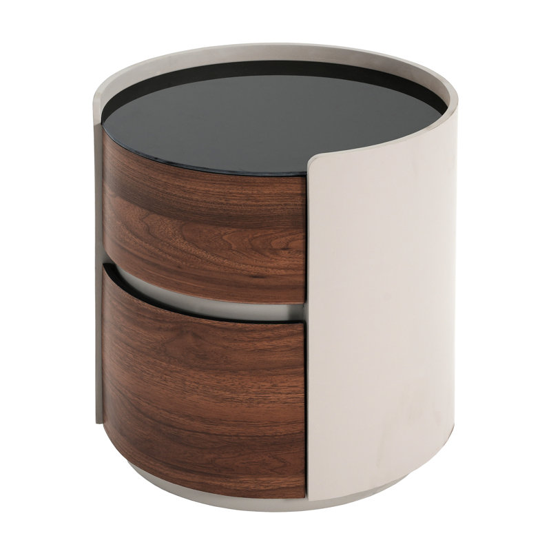 Table d'appoint ronde grise et brune avec rangement double, esthétique lisse à bords arrondis, plateau surélevé, aspect contemporain, avec finition grain de bois, verre trempé pour la résistance aux rayures, deux niveaux