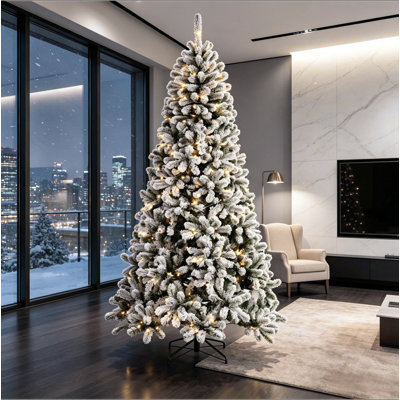 7.5 ft Pre‑Lit Flocked Northern Pine Artificial Christmas Tree, Natural Curved Branch Tips with Integrated LED Lights for Indoor Holiday Decor