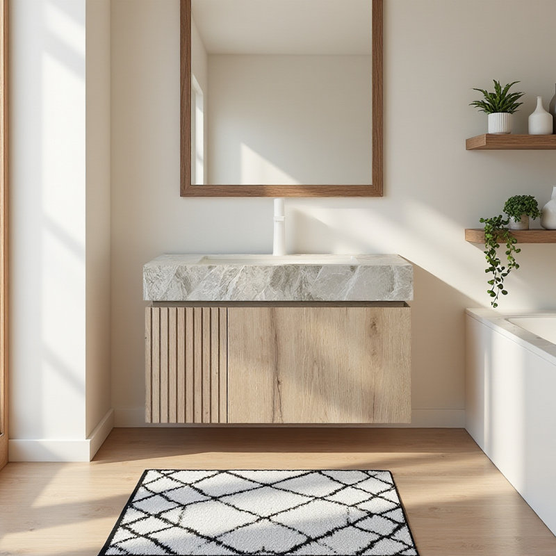 Meuble-lavabo moderne avec lavabo simple brillant, plateau de table en pierre frittée avec jolis armoires en bois, pré-assemblé