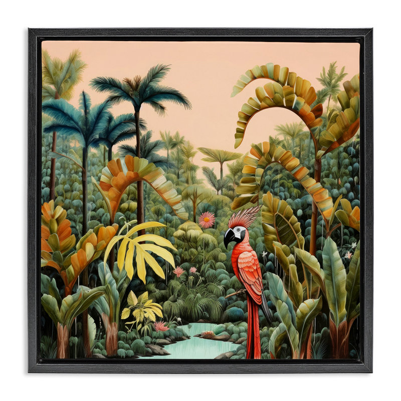 Perroquet en forêt tropicale, H 18 po x l 18 po, Cadre flottant noir de jais
