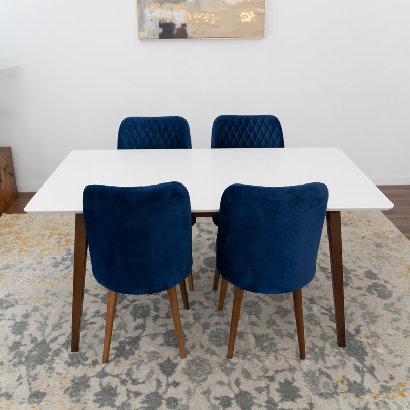 Fredy 4 - Person White Top Solid Wood Dining Set with Velvet Upholstered Chairs, Navy Blue, 29.7" H x 63" L x 35.4" W