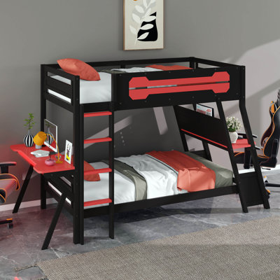 Lit simple superposé de jeu simple avec 2 bureaux intégrés, ports de bureau USB et organisateur de panneau perforé, cadre en bois pour enfants adolescents