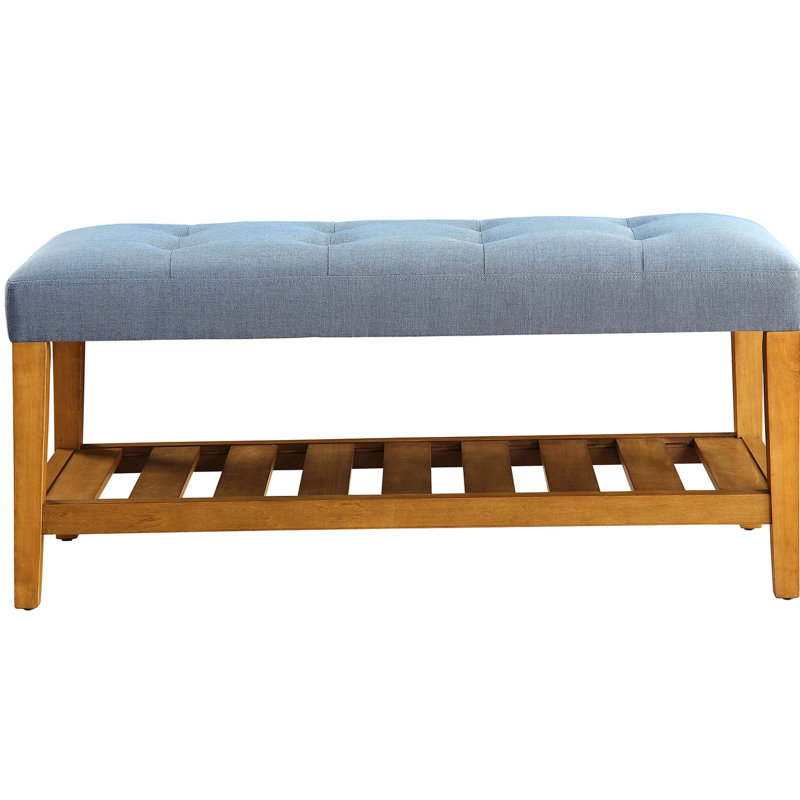 Banc bleu élégant avec siège intemporel et étagère de rangement au fini chêne