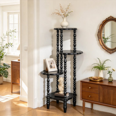 Étagère d'angle autoportante vintage en bois massif, 4 niveaux, 108 cm de hauteur, noire