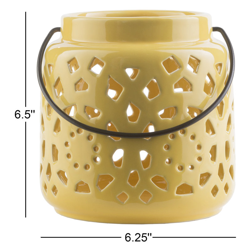 Alica Ceramic Lantern, Mustard, 6.5" H x 6.25" W x 6.25" D