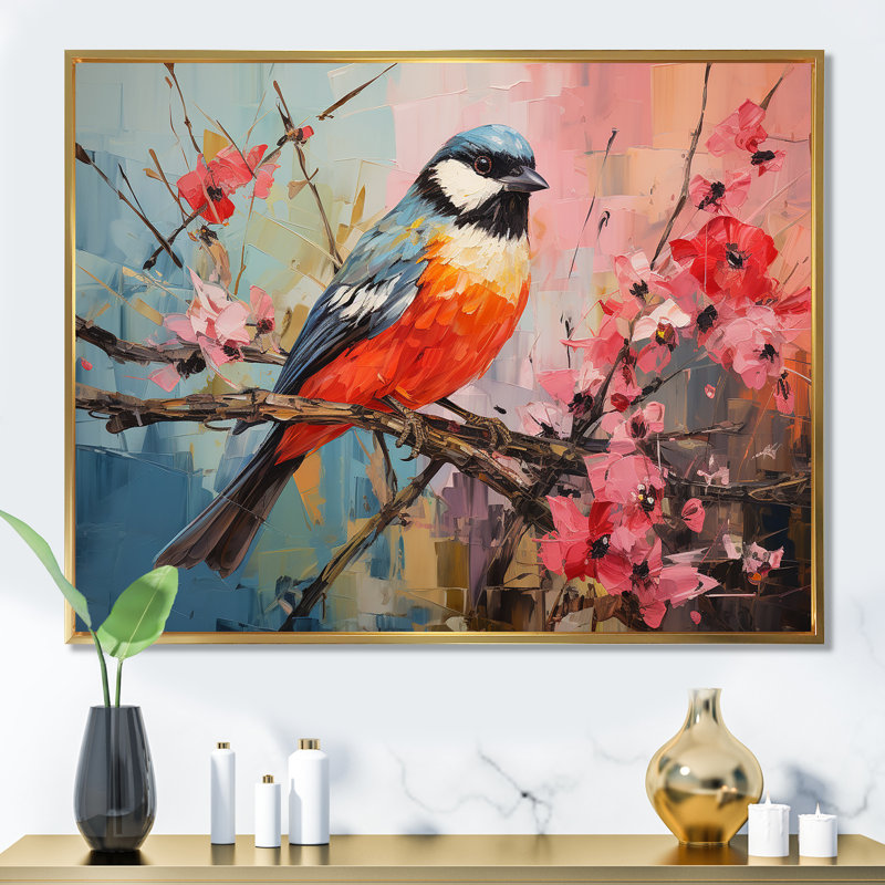 Blue Bird Floral Tree Harmony - Art mural oiseau, H 24 po x l 32 po x P 1 po, Cadre flottant doré