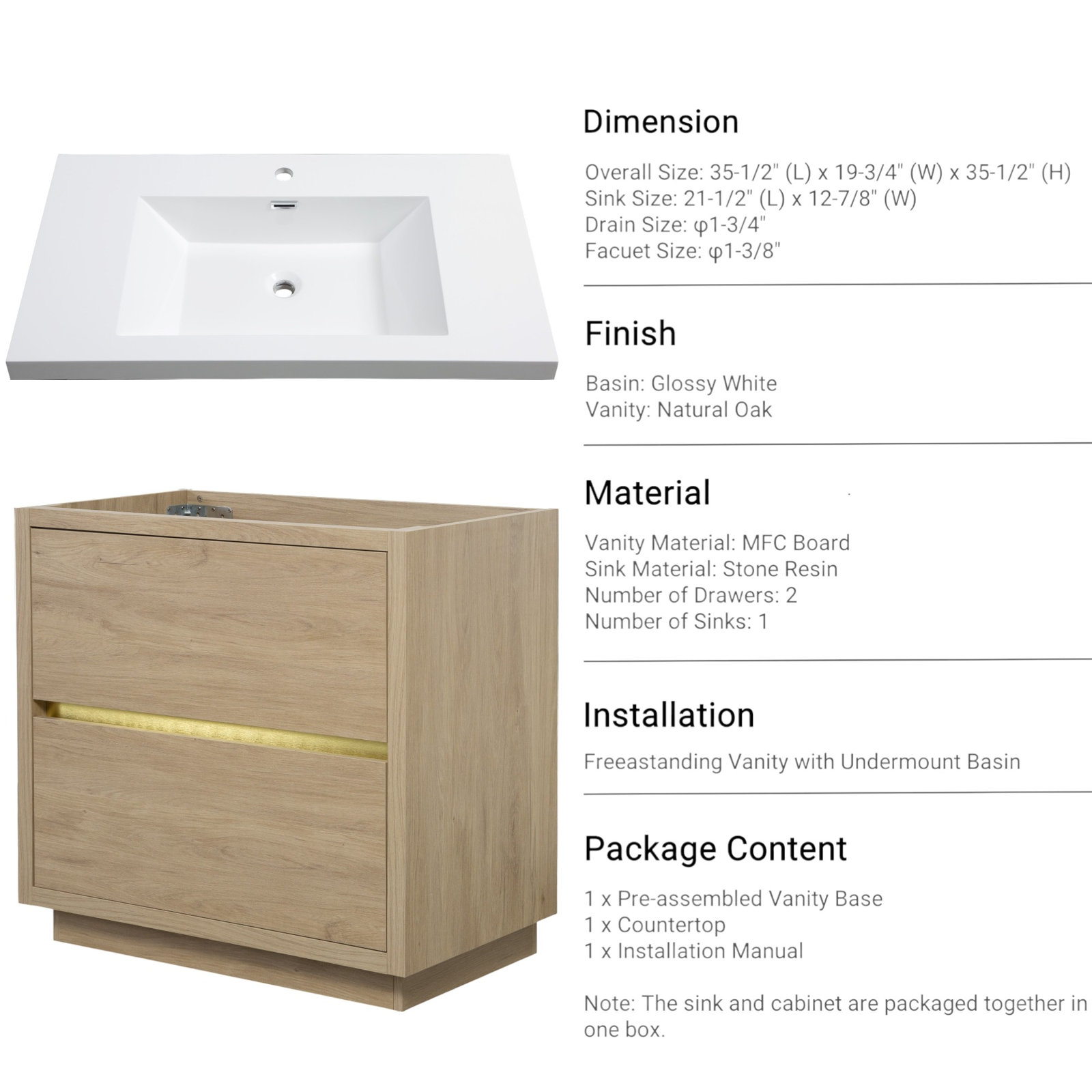 Beira 36" Single Bathroom Vanity, Oak