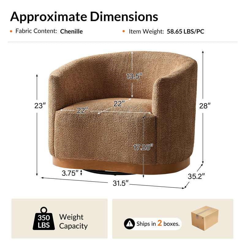 Berklie 31.5"W Modern Boucle Chenille Swivel Barrel Armchair With Ergonomic Backrest And Solid Wood Legs, Caramel